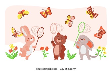 Cute animals catching butterflies with a net in a clearing.