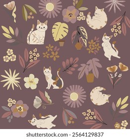 cute animals, cats, flowers, garden, botanical, nature, leaf 