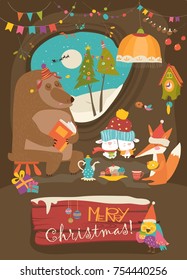 Cute animals celebrating Christmas in den. Vector greeting card