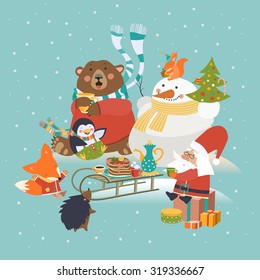 Cute animals celebrating Christmas. Vector greeting card