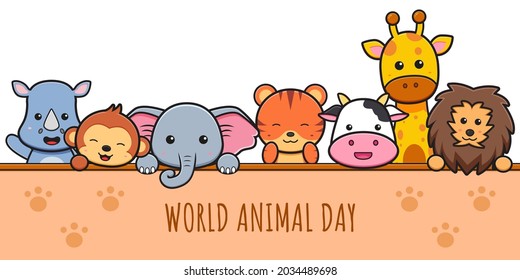 Cute animals celebration world animal day cartoon icon clipart illustration. Design isolated flat cartoon style