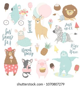 Cute animals charachters isolated illustrations in cartoon hand drawn style for children. Summer set - calligraphy, animals, ice cream and other elements. Vector collection. 