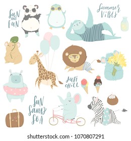 Cute animals charachters isolated illustrations in cartoon hand drawn style for children. Summer set - calligraphy, animals, ice cream and other elements. Vector collection. 