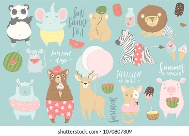 Cute animals charachters isolated illustrations in cartoon hand drawn style for children. Summer set - calligraphy, animals, ice cream and other elements. Vector collection. 