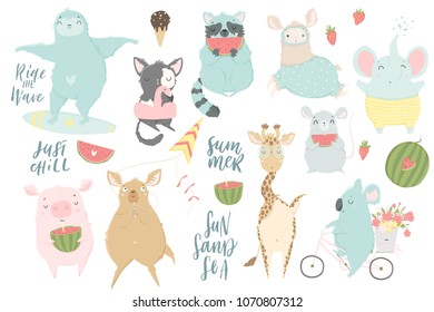 Cute animals charachters isolated illustrations in cartoon hand drawn style for children. Summer set - calligraphy, animals, ice cream and other elements. Vector collection. 