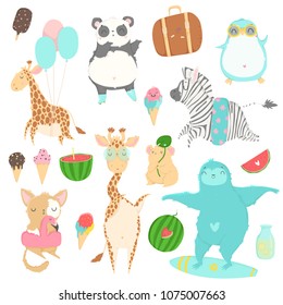 Cute animals charachters isolated illustrations in cartoon hand drawn style for children. Summer set - calligraphy, animals, ice cream and other elements. Vector collection. 
