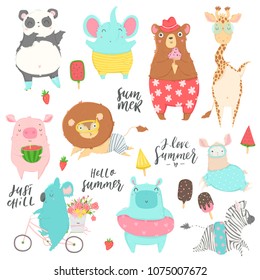 Cute animals charachters isolated illustrations in cartoon hand drawn style for children. Summer set - calligraphy, animals, ice cream and other elements. Vector collection. 