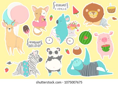Cute animals charachters isolated illustrations in cartoon hand drawn style for children. Summer set - calligraphy, animals, ice cream and other elements. Vector collection. 