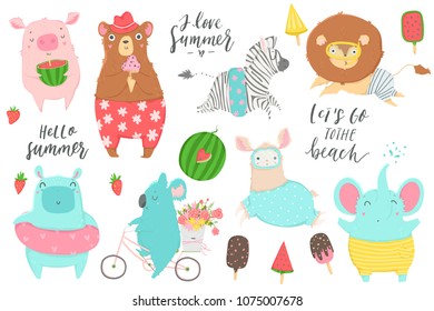 Cute animals charachters isolated illustrations in cartoon hand drawn style for children. Summer set - calligraphy, animals, ice cream and other elements. Vector collection. 
