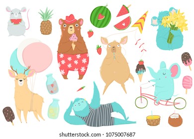Cute animals charachters isolated illustrations in cartoon hand drawn style for children. Summer set - calligraphy, animals, ice cream and other elements. Vector collection. 