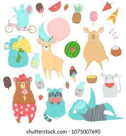 Cute animals charachters isolated illustrations in cartoon hand drawn style for children. Summer set - calligraphy, animals, ice cream and other elements. Vector collection. 