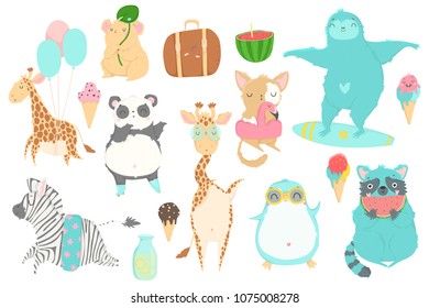 Cute animals charachters isolated illustrations in cartoon hand drawn style for children. Summer set - calligraphy, animals, ice cream and other elements. Vector collection. 