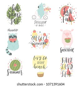 Cute animals charachters and lettering isolated illustrations in cartoon hand drawn style for children. Summer set - calligraphy, animals, ice cream and other elements. Vector collection. 