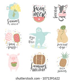 Cute animals charachters and lettering isolated illustrations in cartoon hand drawn style for children. Summer set - calligraphy, animals, ice cream and other elements. Vector collection. 