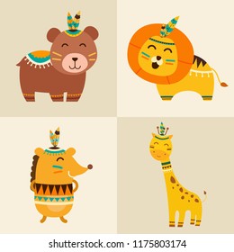 Cute Animals Character with Boho Style Vector