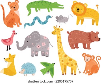 Cute animals character in modern flat style. Childish vector illustration in editable color.