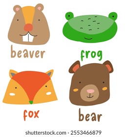 Cute animals character portrait. Funny beaver, fox, frog and bear heads. Wild mammal in cartoon children style. Flat Vector illustration for child party, printing on t-shirt and other design.