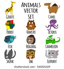 Cute animals character set. Giraffe, parrot, fish, skunk, hamster, hedgehog, owl, camel, octopus, chameleon, elephant. Vector illustration flat design isolated on white background.