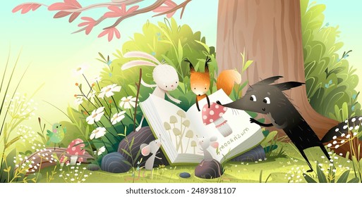 Cute animals characters for children in forest reading book. Study and education illustration for school. Wolf bunny squirrel and mouse fairy tale under a tree. Vector illustration for kids.