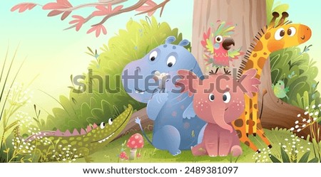 Cute animals characters for children in forest together. Elephant giraffe parrot hippo and crocodile friends in woods. Cute zoo for children in the woods. Vector picture book illustration for kids.