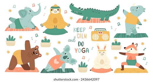 Cute animals characters doing yoga, breathing and meditating for stress relief and body health care set isolated on white. Happy healthy fitness creature practicing exercises vector illustration