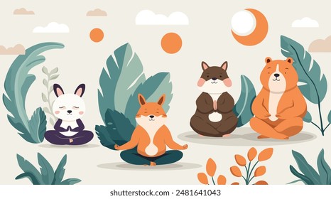 Cute animals characters doing yoga. Breathing and meditating practice for stress relief and body care. Happy healthy fitness creature practicing exercises vector illustration