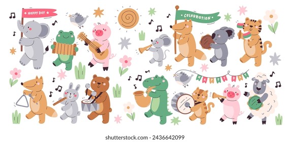 Cute animals characters marching orchestra parade music festival celebration carrying flag playing musical instrument set. Funny elephant, frog, pig, fox, koala, tiger, sheep, cat vector Illustration