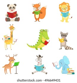 Cute Animals Characters Reading Books Set
