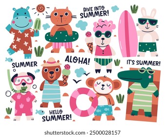 Cute animals characters resting on beach sunbathing enjoying water sport eating ice-cream and greeting summer time leisure activity cute set. Happy creature mascot on vacation vector illustration