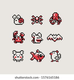 Cute Animals Characters Set, Pixel Art Style Icons, Snail, Spider, Octopus, Crab, Mouse, Bat, Moose, Fish And Chicken, Element Design For Logo, App, Web, Sticker. Video Game Sprite. Isolated Vector.