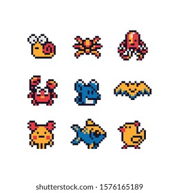 Cute animals characters set, pixel art style icons, snail, spider, octopus, crab, mouse, bat, moose, fish and chicken, element design for logo, app, web, sticker. Video game sprite. Isolated vector.