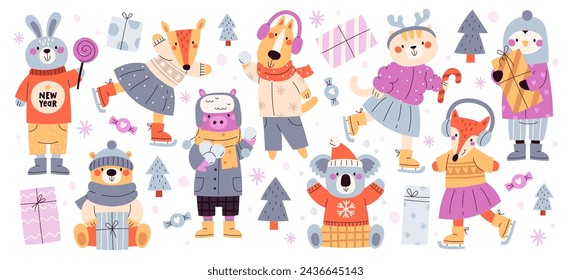 Cute animals characters in warm winter clothes outwear for walk and play snowballs outside. Kawaii rabbit, fox, dog, reindeer, bear, pig, koala, penguin eating ice-cream, skating vector illustration