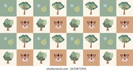 Patrón de tablero de ajedrez de animales lindos. Patrón sin fisuras de animales de la selva. Animales de safari y plantas tropicales. Perfecto para telas, impresión, textil, Fondo de pantalla, decoración. Fondos de SSTK 