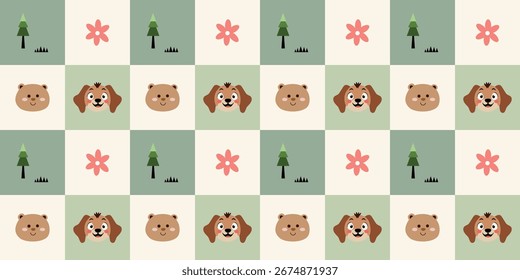 Cute animals checkerboard pattern. Jungle animals seamless pattern. Safari animals and tropical plants. Perfect for fabrics, print, textile, wallpaper, decor. SSTKbackgrounds 