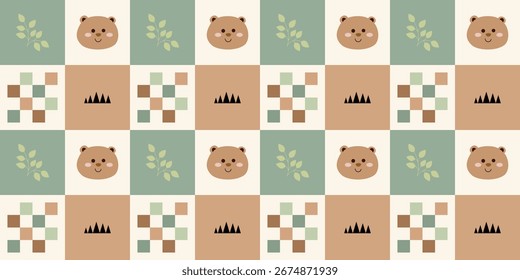 Cute animals checkerboard pattern. Jungle animals seamless pattern. Safari animals and tropical plants. Perfect for fabrics, print, textile, wallpaper, decor. SSTKbackgrounds 