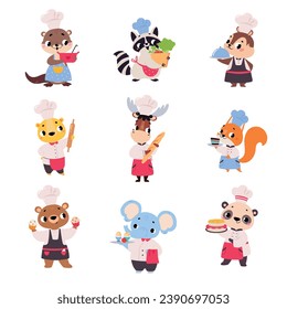 Cute Animals Chef Character in Uniform Cooking Meal Vector Set