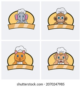 Cute animals Chef set, Wearing Hat and Cooking Theme. Elephant, Monkey, Cat and Dog Character Design, Mascot, Label, Icon And Logo. Vector and Illustration