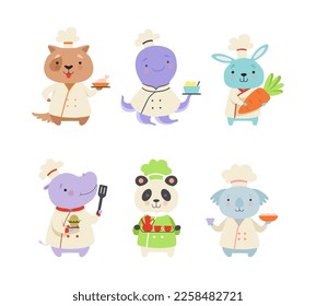 Cute Animals in Chef Uniform Cooking Delicious Dishes Vector Set