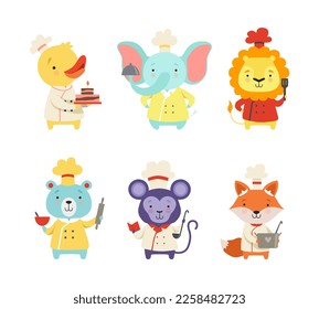 Cute Animals in Chef Uniform Cooking Delicious Dishes Vector Set