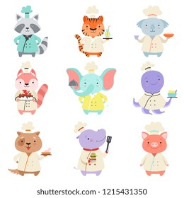 Cute animals in chef uniform set, cartoon pets characters cooking delicious dishes vector Illustration on a white background