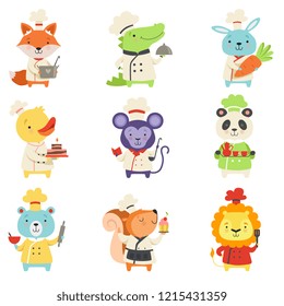 Cute animals in chef uniform set, lovely cartoon pets characters cooking delicious dishes vector Illustration on a white background