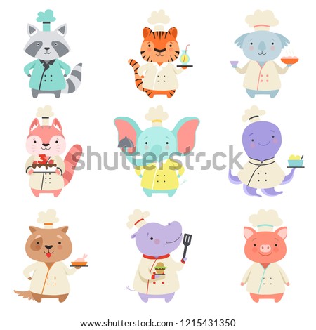 Cute animals in chef uniform set, cartoon pets characters cooking delicious dishes vector Illustration on a white background
