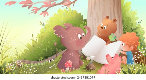 Cute animals and child for children under forest tree school reading book. Study and education illustration for school. Bear elephant pig mouse and girl read fairy tale. Vector illustration for kids.