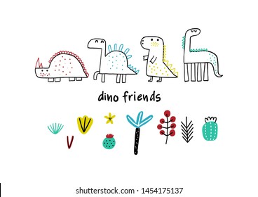 Cute animals. Childish illustration with plants and dinosaurs. Design for poster, card, bag and t-shirt. Scandinavian style.