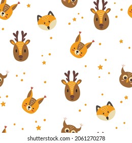 Cute Animals, Childish Seamless Hand Drawn Pattern. Digital Paper With Fox, Squirrel Owl And Deer. Vector Illustration.