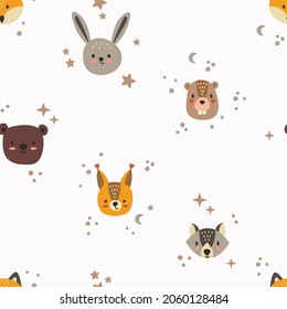 Cute animals, childish seamless hand-drawn pattern. Digital paper with hare, wolf, fox, bear, squirrel and beaver. Vector illustration.