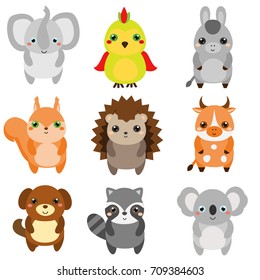 Cute animals. Children style, isolated design elements. Cartoon kawaii wildlife and farm animals. Elephant, dog, squirrel, racoon and other. Vector illustration