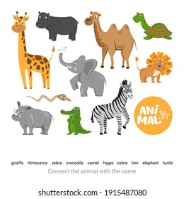 Cute animals. Children's educational game. Connect animals with names. Set of african animals for kid's education