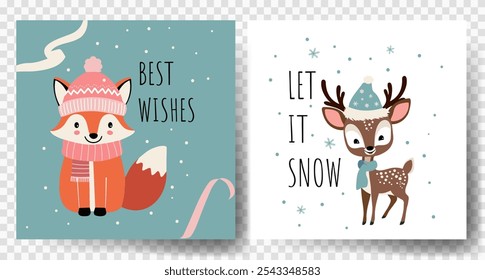 Cute animals christmas cards. Fox, deer. Winter animals. Happy celebrate xmas tags. 