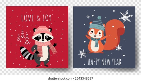 Cute animals christmas cards. Gift tags with Christmas characters. Winter animals. Happy celebrate xmas tags. 